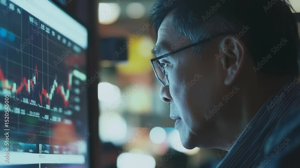 Poster focused trader analyzing stock market trends on computer screen at night