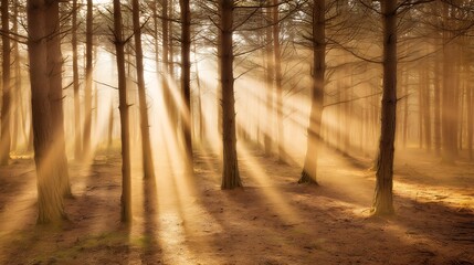 Fototapeta premium Sunbeams pierce dense forest ethereal beauty