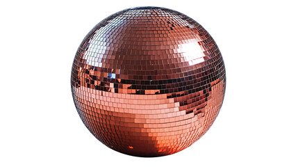 Copper disco ball isolated on white background reflecting light with mirrored tiles in studio