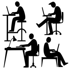 Illustration of silhouettes of people sitting on chairs and working on laptops.