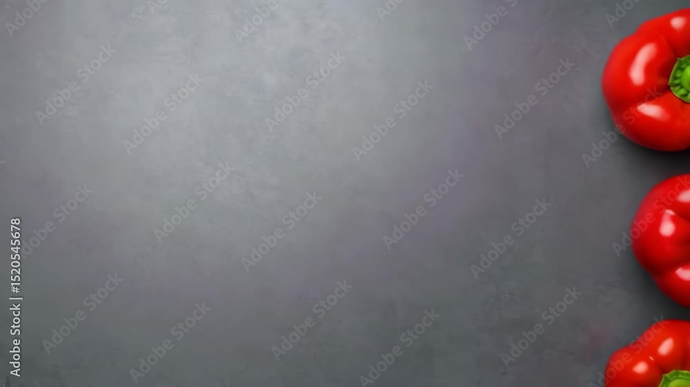 Poster fresh red bell peppers positioned along the right side on gray background with ample copy space for 