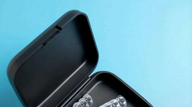 Dental aligners in a black retainer case displayed on a light blue background, representing orthodontic care and teeth straightening solutions.