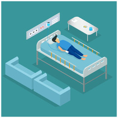 Adolescent isometric illustration assisted with isometric composition of living facilities with personnel providing care for occupant vecto