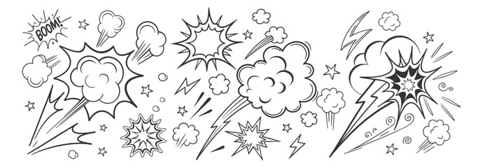 Comic boom cartoon effect line element set. Comic speech bubble pow, boom text, explosive splash smoke, wow cartoon vector icon. Hand drawn sketch doodle explosive element. Vector illustration. EPS