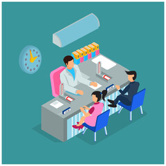 adolescents consult with doctors about health, isometric composition of living facilities that provide care for occupant vector illustrations