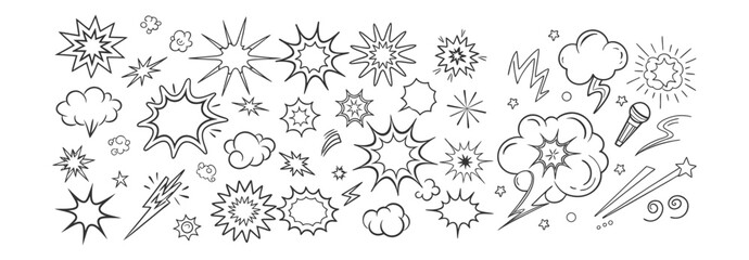 Obraz premium Comic boom cartoon effect line element set. Comic speech bubble pow, boom text, explosive splash smoke, wow cartoon vector icon. Hand drawn sketch doodle explosive element. Vector illustration. EPS