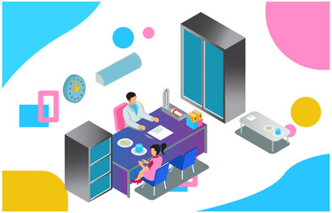 Set of isometric illustrations of patient care and activities in a hospital environment, suitable for related digital assets.