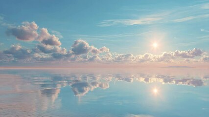 Peaceful sunrise over a calm body of water, reflecting the pastel sky and fluffy clouds. Soft, warm light bathes the scene, creating a tranquil atmosphere. - Powered by Adobe