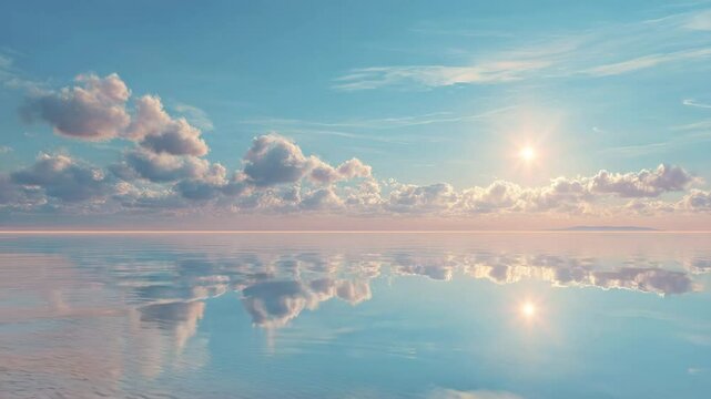 Peaceful sunrise over a calm body of water, reflecting the pastel sky and fluffy clouds. Soft, warm light bathes the scene, creating a tranquil atmosphere.