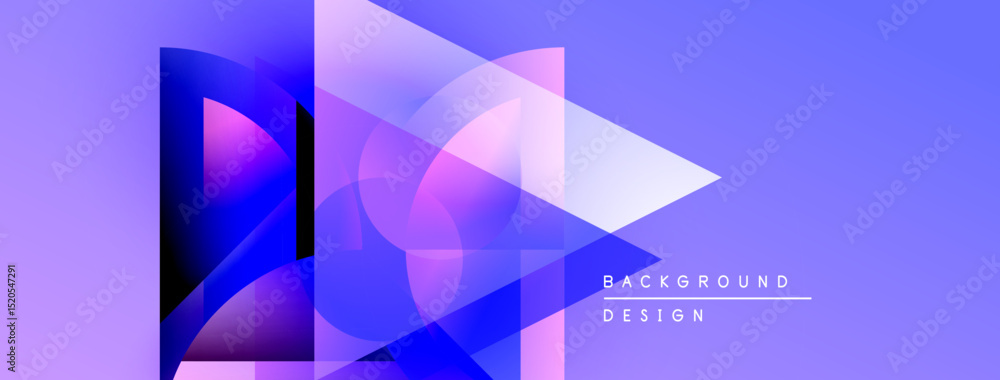 Poster abstract geometric shapes overlap, creating vibrant blue purple gradient. modern design suggests tec