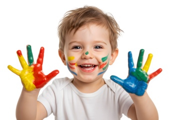 Happy toddler boy with paint-covered hands showing colorful palms and cheerful yellow smile, isolated on white or transparent background. PNG