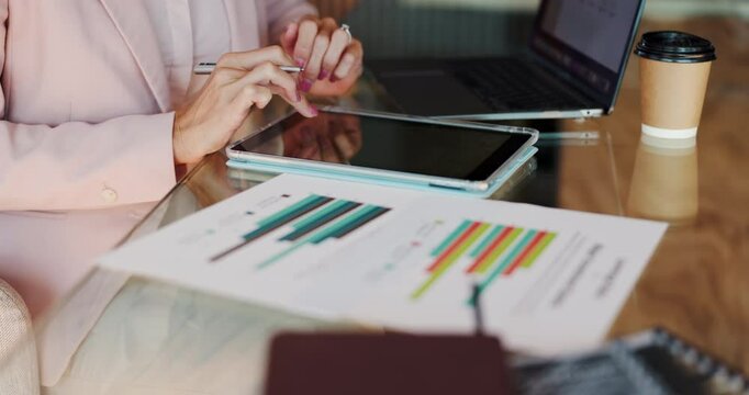 Hands, person and typing on tablet with graphs documents, data analysis and financial report. Accountant, online and paperwork for finance growth, investment statistics and information of bookkeeping - Powered by Adobe