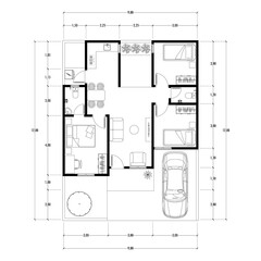 Black and White floor plan of a modern unfurnished house for your design. Suburban house blueprint. Architectural background.