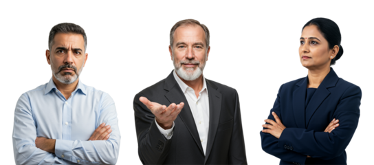 Diverse group of business professionals. Middle-aged South Asian man with arms crossed, older Caucasian man welcoming, and confident South Asian businesswoman.