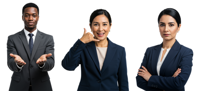 Diverse group of business professionals in suits against transparent background. Black man with open hands, Asian woman making call me gesture, South Asian woman with arms crossed.