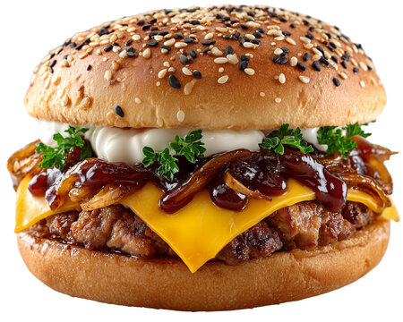 Isolate transparent Gourmet Burgers, pork burger with caramelized onions, barbecue sauce, cheese, and rustic sesame bun, presented with mouthwatering details, pork burger, isolated burger