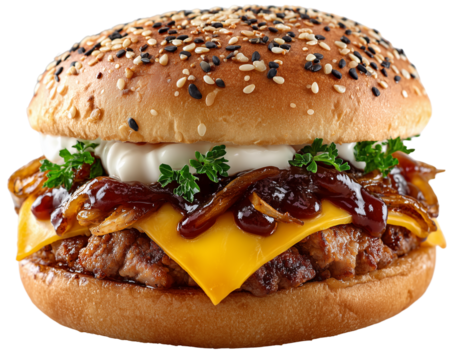 Isolate transparent Gourmet Burgers, pork burger with caramelized onions, barbecue sauce, cheese, and rustic sesame bun, presented with mouthwatering details, pork burger, isolated burger