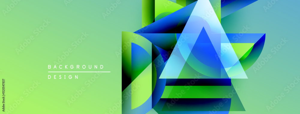 Aufkleber Abstract geometric shapes overlap, creating vibrant layered design. Green background complements blue, yellow hues. Modern visual composition.