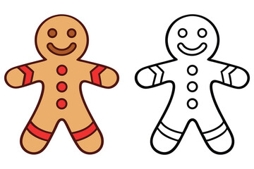 A cheerful gingerbread man stands beside his black outline counterpart in this cute vector