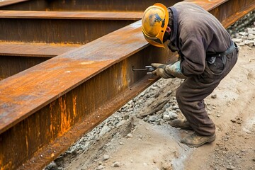 Construction Worker Using Tool on Rusty Steel Beam Installation