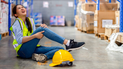 Asian engineer woman injury with leg in factory industrial, insurance and first aid, safety and...