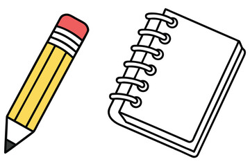A yellow cartoon pencil lies next to a blank spiral notebook with transparent background