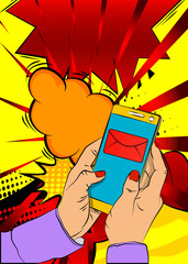Cartoon Smartphone, comic book Telephone with Letter Envelope. Retro vector comics pop art design.