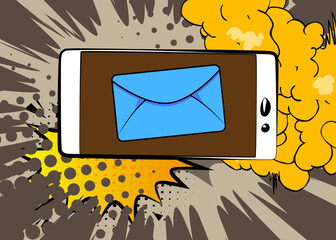 Cartoon Smartphone, comic book Telephone with Letter Envelope. Retro vector comics pop art design.