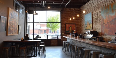 Fototapeta premium Rustic coffee shop with large windows and exposed brick.