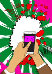 Cartoon Smartphone, comic book Telephone with Letter Envelope. Retro vector comics pop art design.