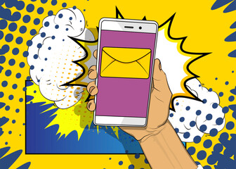 Cartoon Smartphone, comic book Telephone with Letter Envelope. Retro vector comics pop art design.