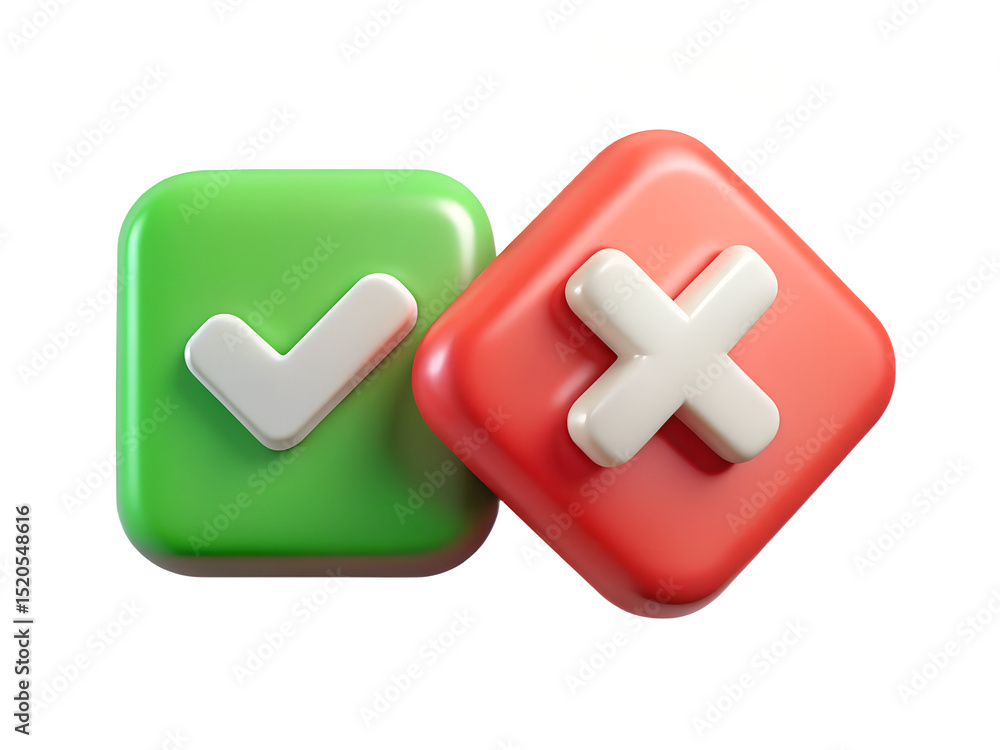 Poster 3d render of green check mark and red cross mark buttons