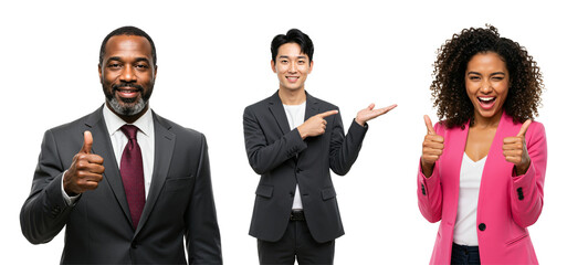 Diverse group of smiling business professionals making positive gestures. African American man and woman giving thumbs up, East Asian man pointing. Isolated on transparent background.