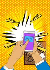 Cartoon Smartphone, comic book Telephone with Letter Envelope. Retro vector comics pop art design.