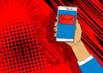 Cartoon Smartphone, comic book Telephone with Letter Envelope. Retro vector comics pop art design.