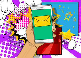 Cartoon Smartphone, comic book Telephone with Letter Envelope. Retro vector comics pop art design.