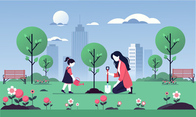 Mother and Daughter Planting a Tree in Urban Park — Eco-Friendly Family Activity