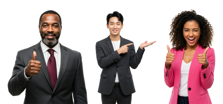 Diverse group of smiling business professionals making positive gestures. African American man and woman giving thumbs up, East Asian man pointing. Isolated on transparent background.