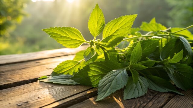 Fresh epazote leaves with bright green color on rustic wooden table