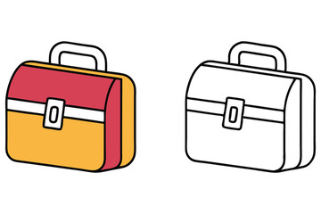 Isolated cartoon depiction reveals a closed, handled satchel in vibrant color and an outline version