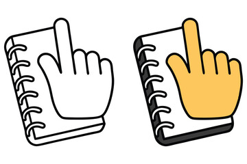 Line art shows hand touching a notebook with the colored version beside it
