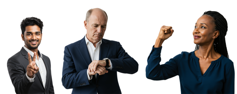 Diverse business professionals in a collage. Young Indian man making peace sign, middle-aged Caucasian man checking watch, and confident African American woman flexing bicep.
