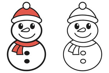 Smiling snowman wears red winter hat and scarf alongside a monochrome outline version