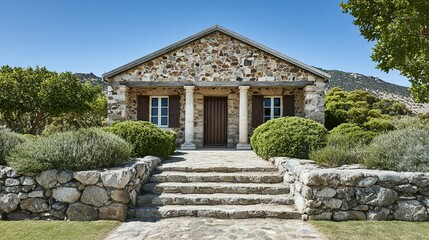 Rustic stone cottage with manicured landscaping.