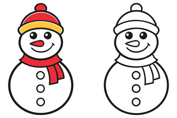 Two cheerful snowman characters, one in color and one in outline, happily smile