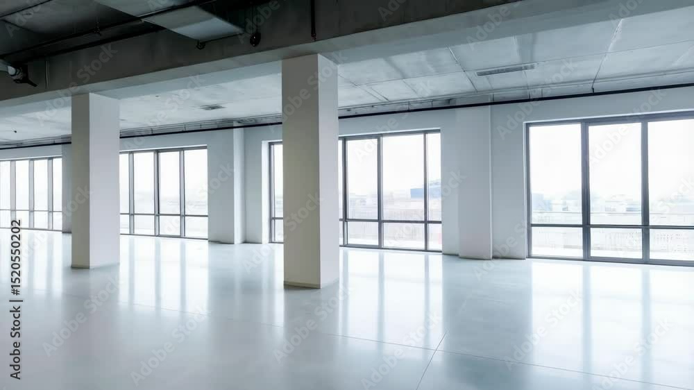 Poster bright spacious empty commercial space with large windows and support columns in a modern building r