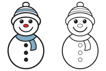 Two cute snowman figures in color and outline stand side by side smiling widely