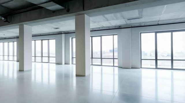 Bright spacious empty commercial space with large windows and support columns in a modern building ready for customization