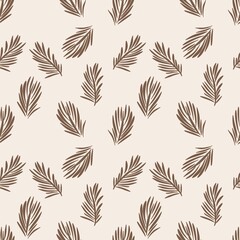 Brown Rosemary Sprigs on Beige Seamless Decorative Texture. Natural Organic Rustic Hand drawn Palm Leaf Pattern. 