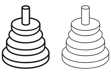 Two monochrome stacking ring toy outline icons illustrate childhood learning through geometric shapes